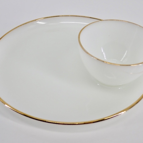 Fire King Anchor Hocking 22k Gold Rim Milk Glass Tea Cup Snack Plate Set Vintage - Picture 6 of 12